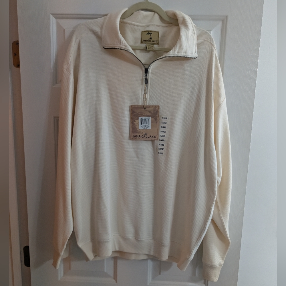 XL Mens Rib Knit Jamaica Jaxx  Cream Zip 1/4 Silk PullOver Sweater Sweatshirt